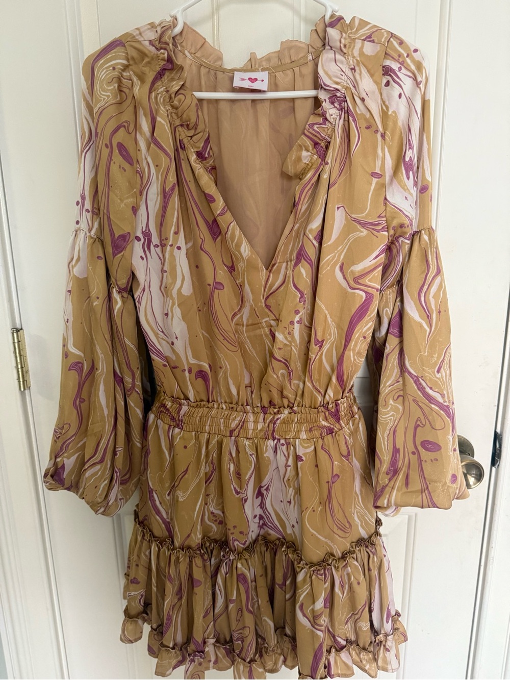 Buddy Love Marbled Long-Sleeve Mini Dress in Mustard, Pink & Cream